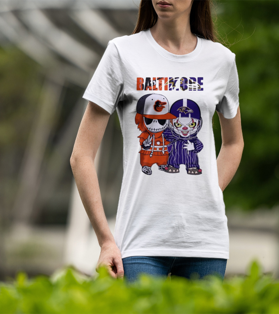Baby Jack Skellington Pennywise Mashup Baltimore Orioles Ravens Halloween T-Shirt
