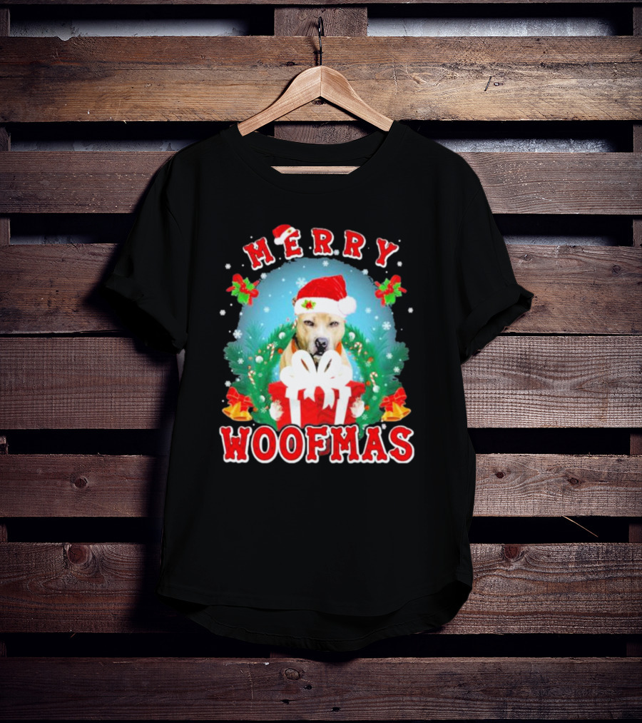 Pitbull Merry Woofmas Santa Hat And Holiday Gift Box T-Shirt