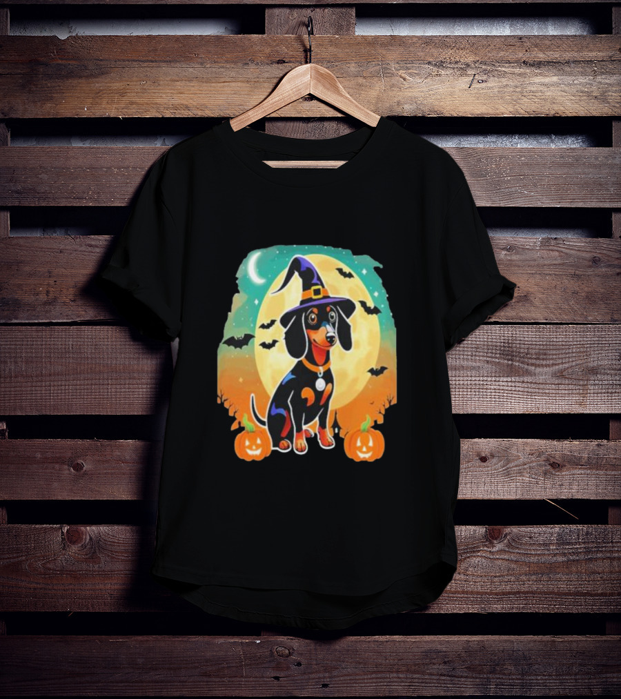 Dachshund Dog Witch Hat Moon Bats Pumpkins T-Shirt