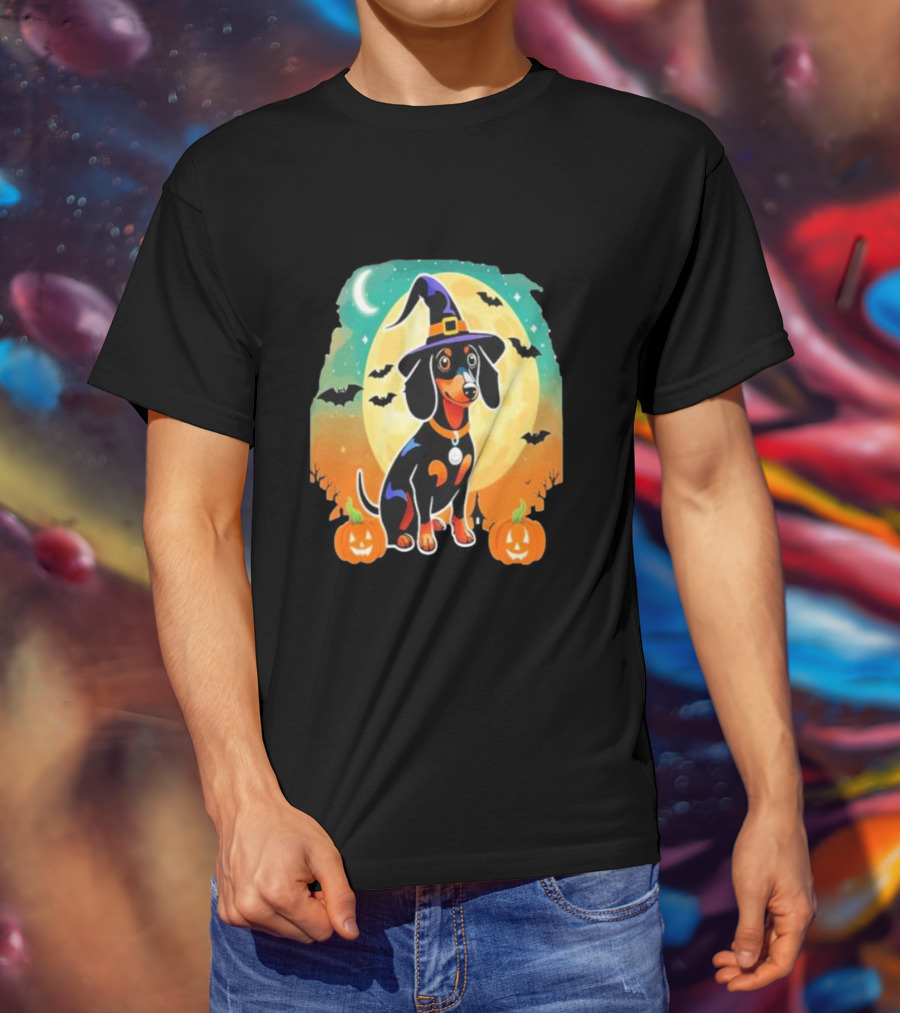 Dachshund Dog Witch Hat Moon Bats Pumpkins T-Shirt