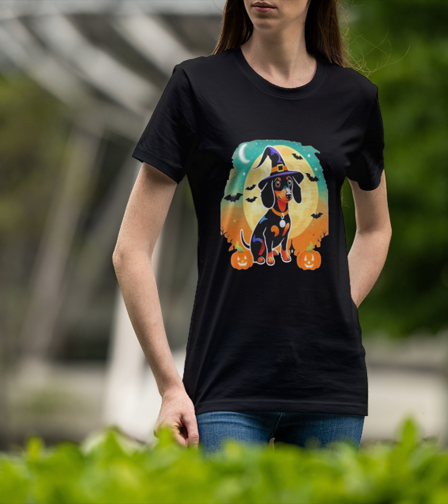 Dachshund Dog Witch Hat Moon Bats Pumpkins T-Shirt