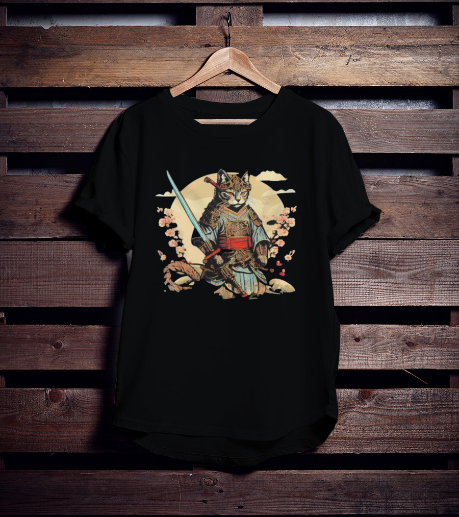 Samurai Cat Japanese Ninja Warrior Cherry Blossom Moon Warrior T-Shirt