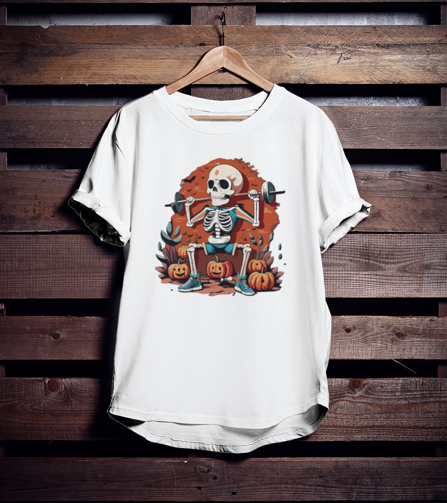 Skeleton Lifting Weights With Pumpkins Halloween Fitness T-Shirt