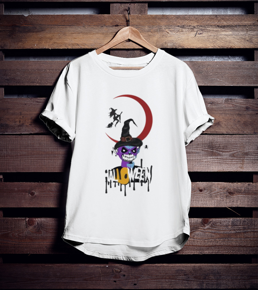 Witch Horror Halloween Blood Moon With Witch Hat And Skull T-Shirt