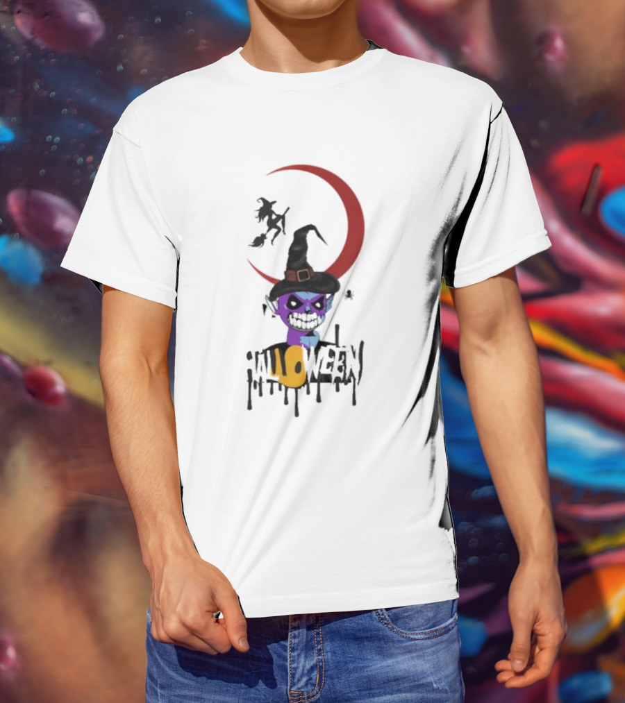 Witch Horror Halloween Blood Moon With Witch Hat And Skull T-Shirt
