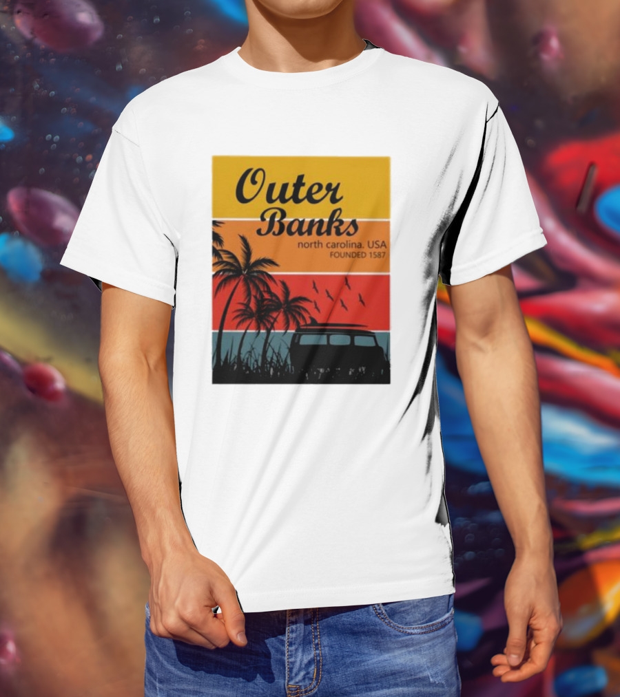 Outer Banks North Carolina USA Founded 1587 Vintage Car Beach Palm Trees T-Shirt