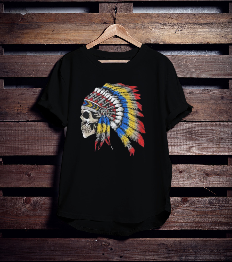 Skull War Chief Colorful Feather Headdress T-Shirt