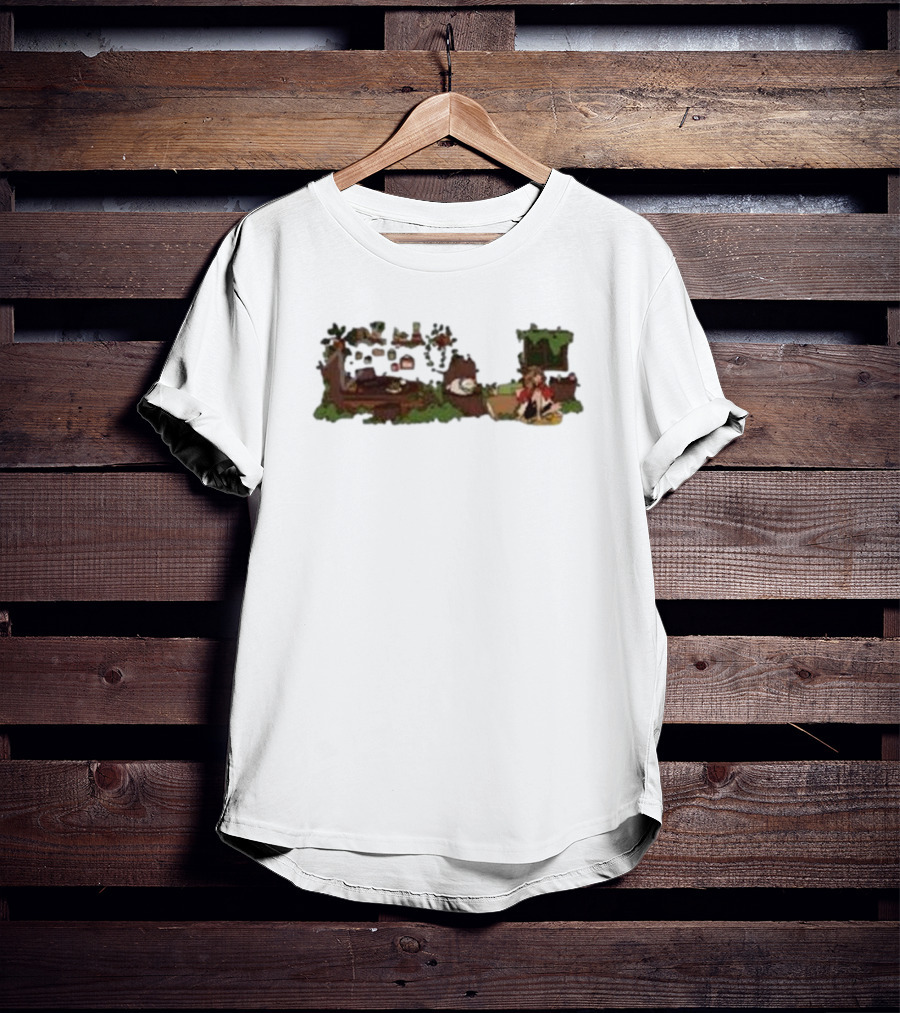 Woodlands Snifferish X Pop Cozy Cottage Scene With Greenery And Logs T-Shirt