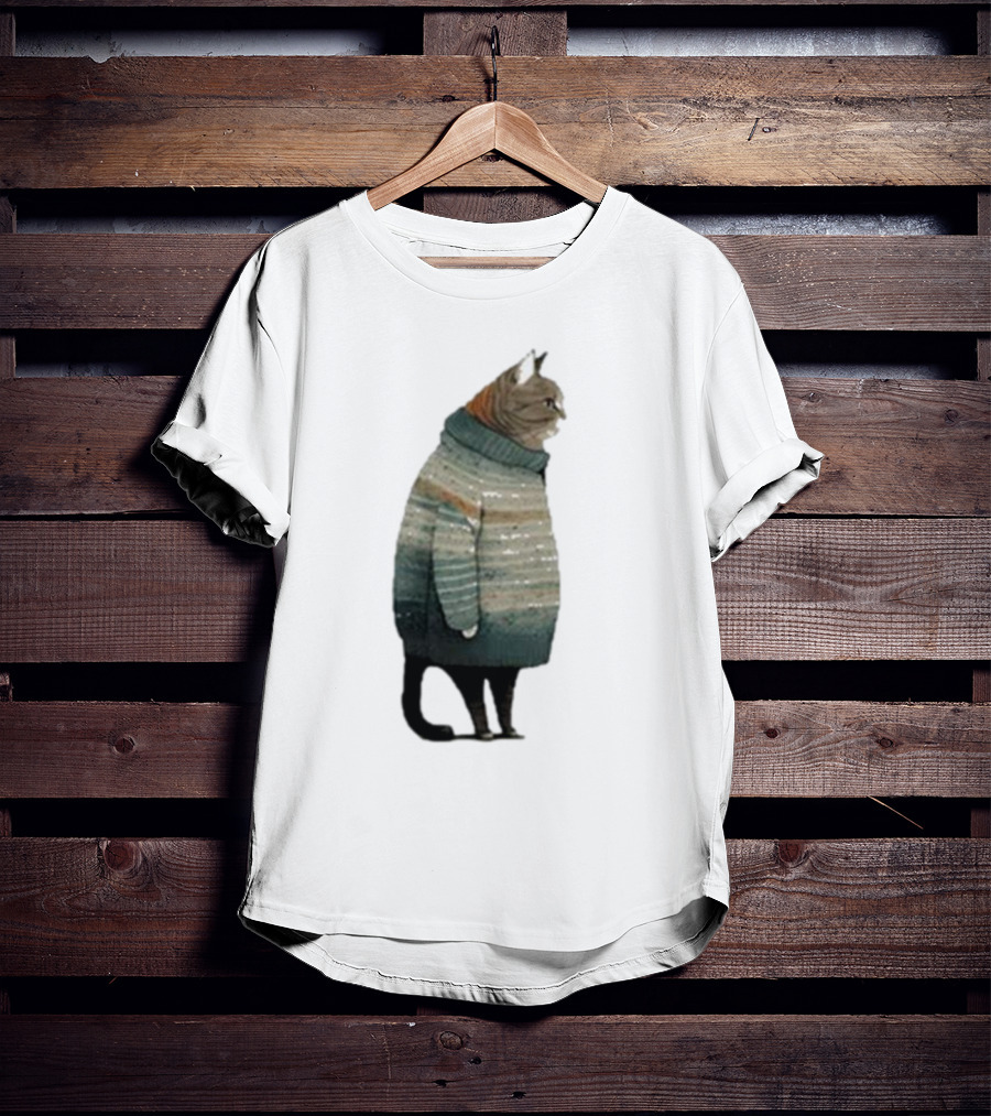 Women’s Winter Cat In Cozy Sweater Print T-Shirt