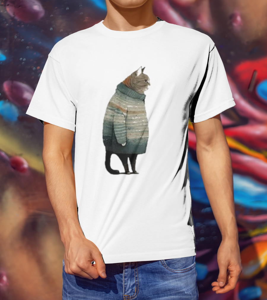 Women’s Winter Cat In Cozy Sweater Print T-Shirt