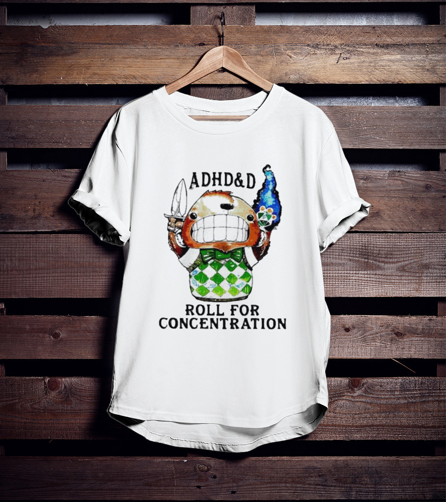 ADHD&D Roll For Concentration Knife Bear Green Vest Flame Cube T-Shirt