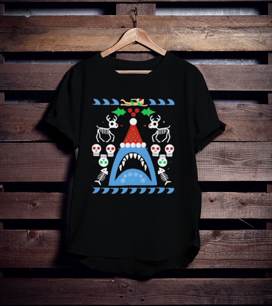 Santa Jaws Ugly Christmas Sweater With Shark, Skeleton Reindeer, And Skulls T-Shirt