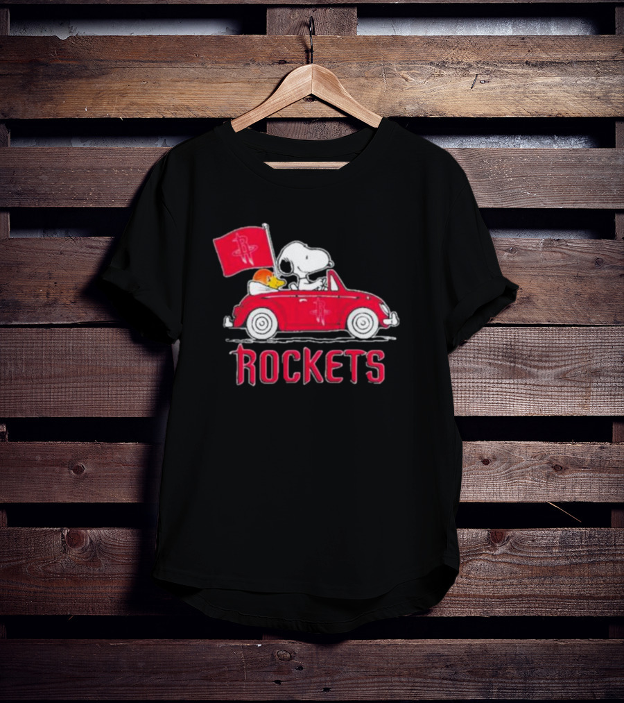 Houston Rockets Snoopy Dog Driving Red Car With Basketball Flag T-Shirt