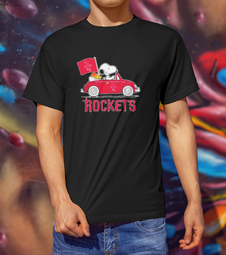 Houston Rockets Snoopy Dog Driving Red Car With Basketball Flag T-Shirt