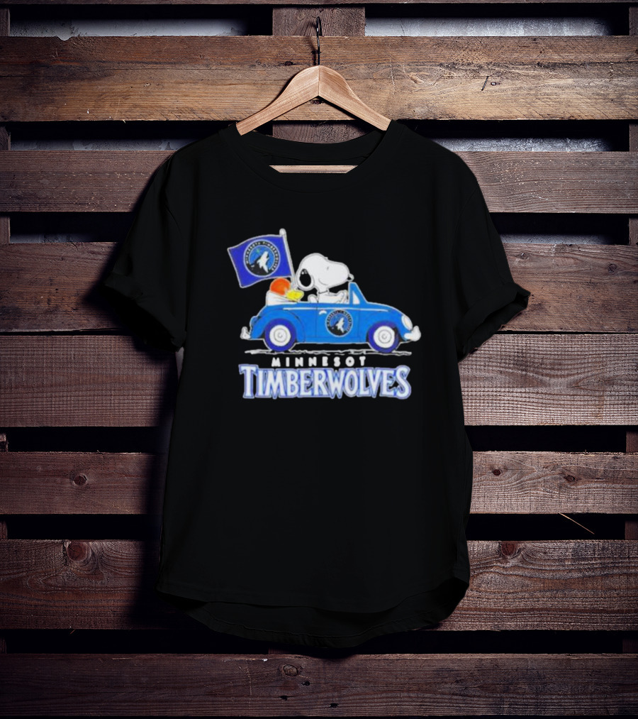 Minnesota Timberwolves Snoopy Dog Driving Blue Car Holding Basketball Flag T-Shirt