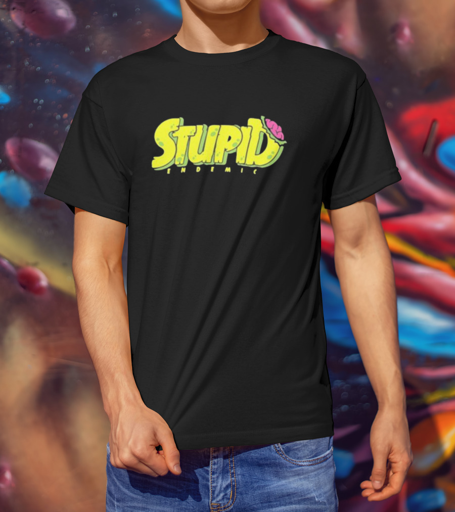 STUPID ENDEMIC Green Text With Brain Motif T-Shirt