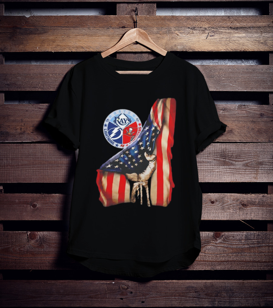 Tampa Bay Rays Lightning Buccaneers American Flag Fist T-Shirt