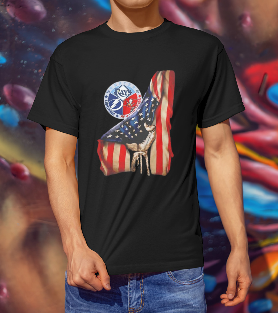 Tampa Bay Rays Lightning Buccaneers American Flag Fist T-Shirt
