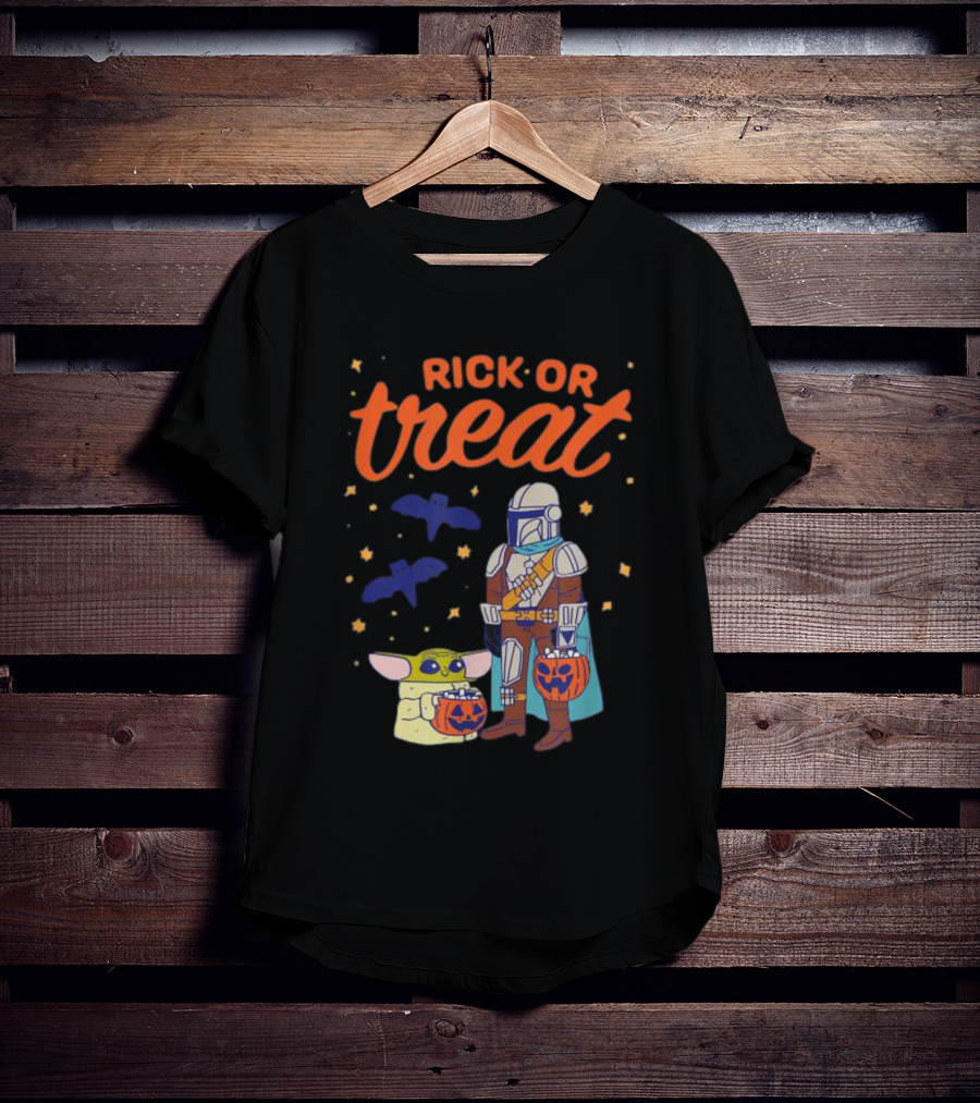 Rick Or Treat The Mandalorian And Grogu Halloween Pumpkin Buckets With Bats And Stars T-Shirt