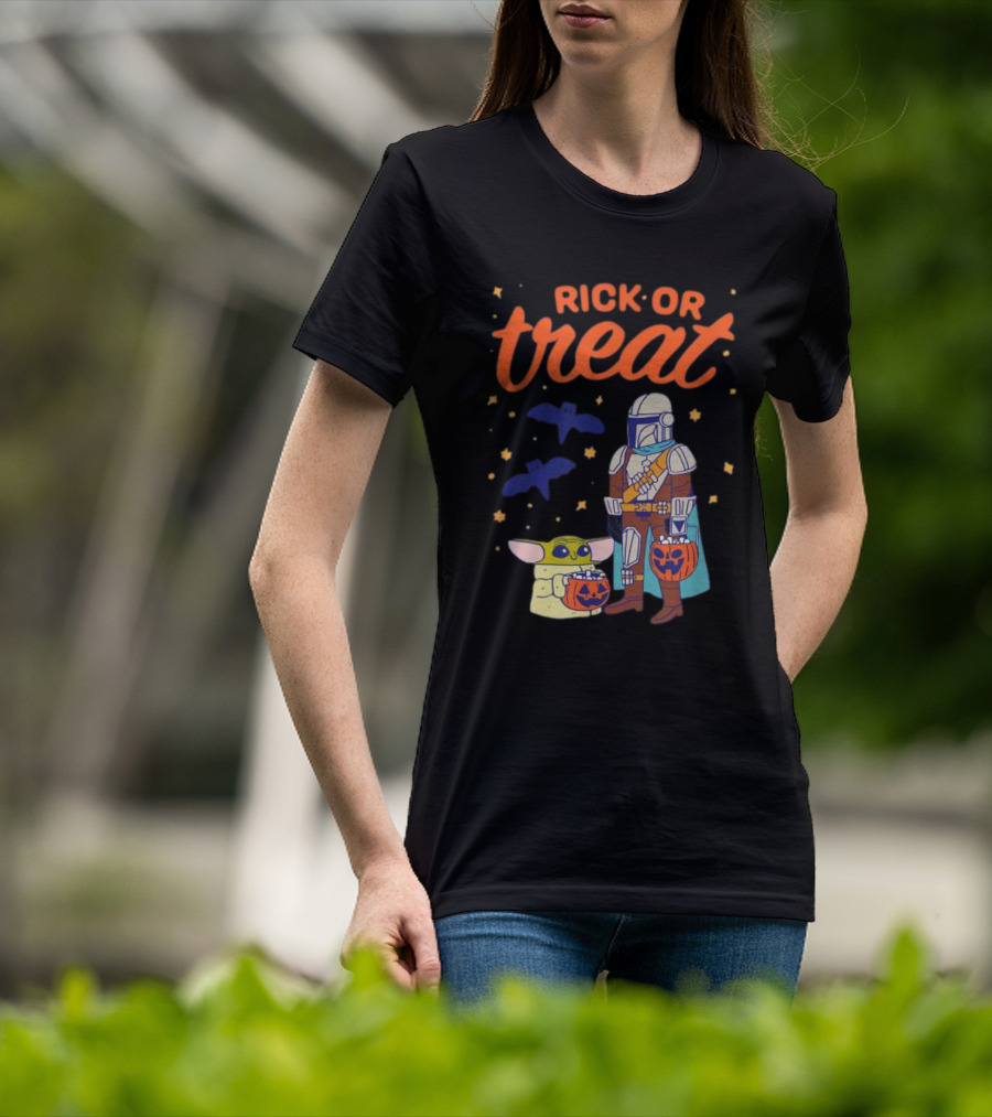 Rick Or Treat The Mandalorian And Grogu Halloween Pumpkin Buckets With Bats And Stars T-Shirt