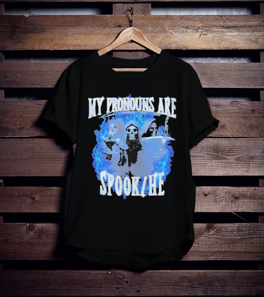 My Pronouns Are Spook He Blue Flames Grim Reaper Trio T-Shirt