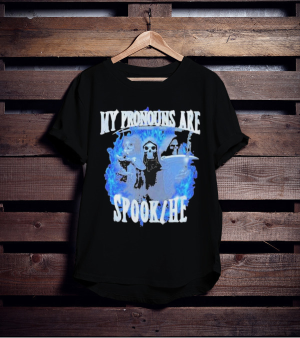 My Pronouns Are Spook He Blue Flames Grim Reaper Trio T-Shirt