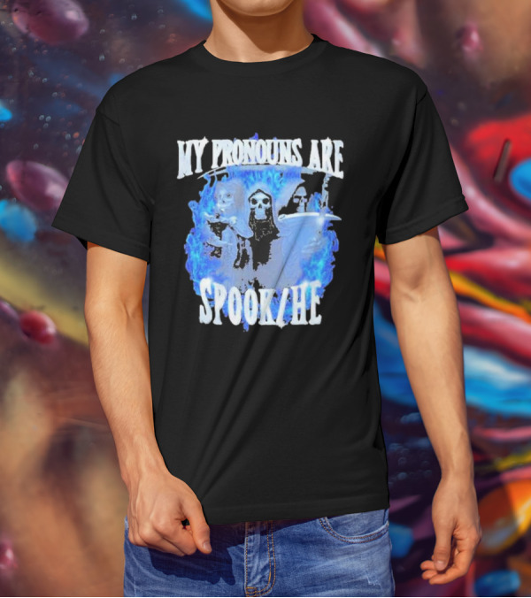 My Pronouns Are Spook He Blue Flames Grim Reaper Trio T-Shirt