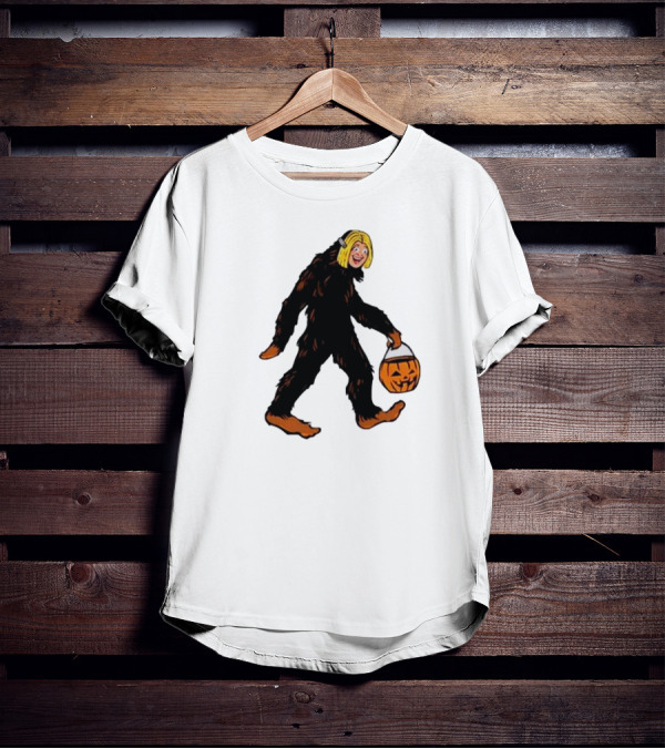 Mystical Halloween Sasquatch Holding Pumpkin Bucket Spooky Costume T-Shirt