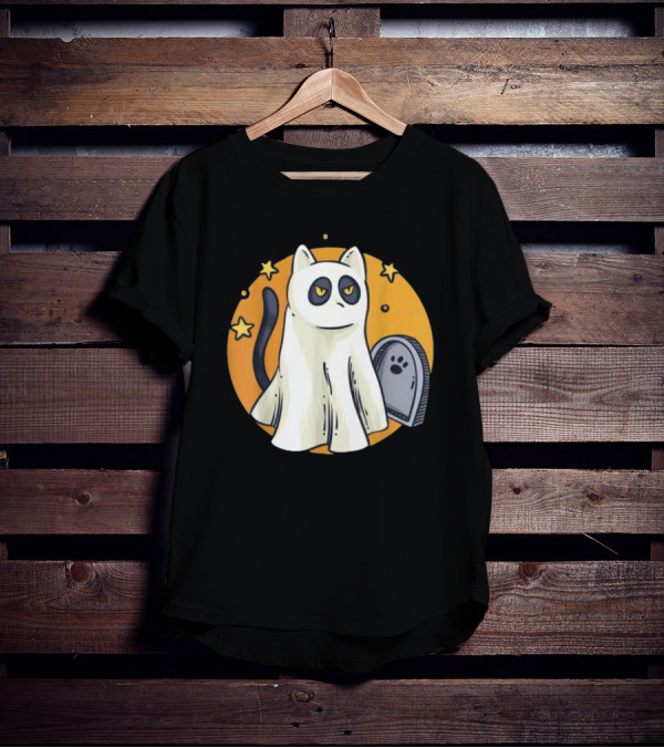 Cute Ghost Cat Halloween Outfit Black Cat With Stars And Tombstone T-Shirt