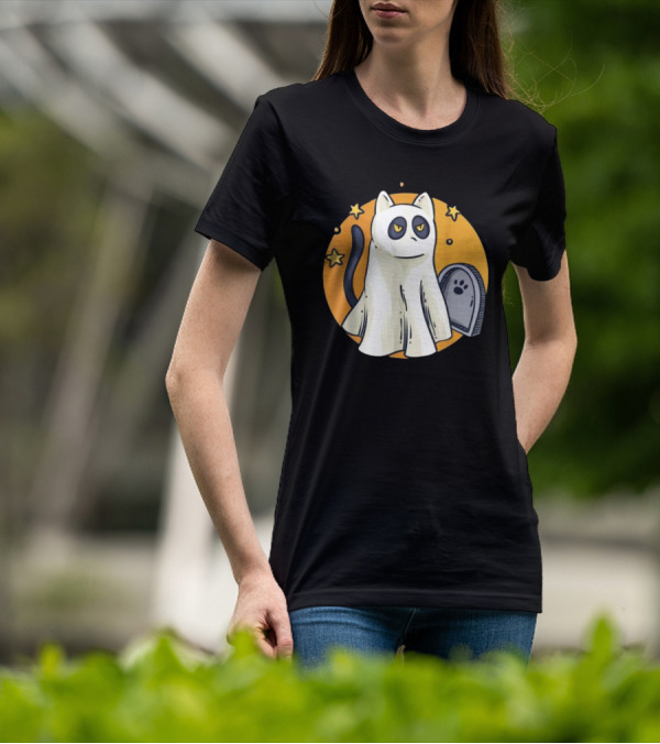 Cute Ghost Cat Halloween Outfit Black Cat With Stars And Tombstone T-Shirt