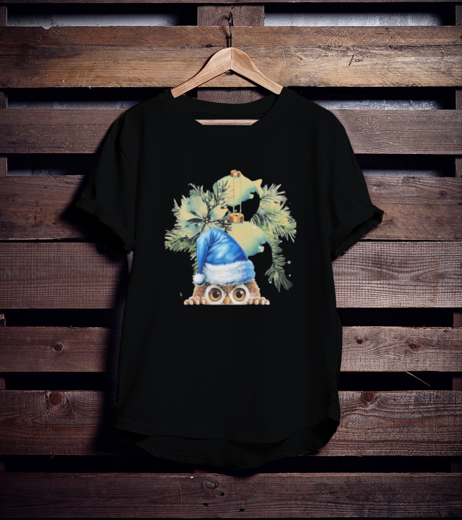 Funny Christmas Owl With Blue Santa Hat And Pine Tree Garland T-Shirt
