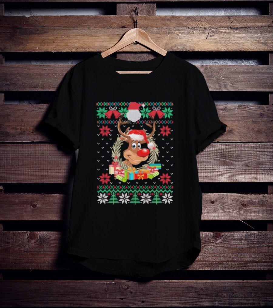 Reindeer Santa Hat Funny Ugly Christmas With Gifts And Snowflakes T-Shirt