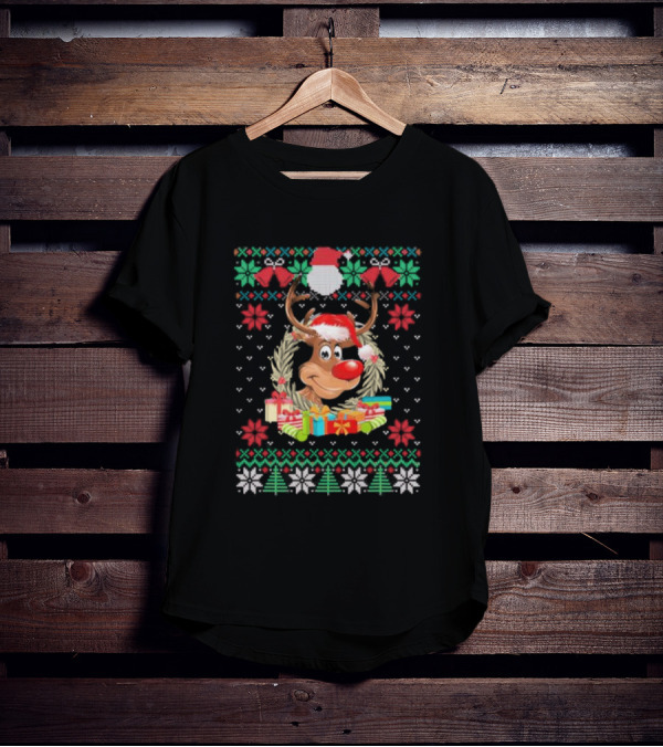 Reindeer Santa Hat Funny Ugly Christmas With Gifts And Snowflakes T-Shirt