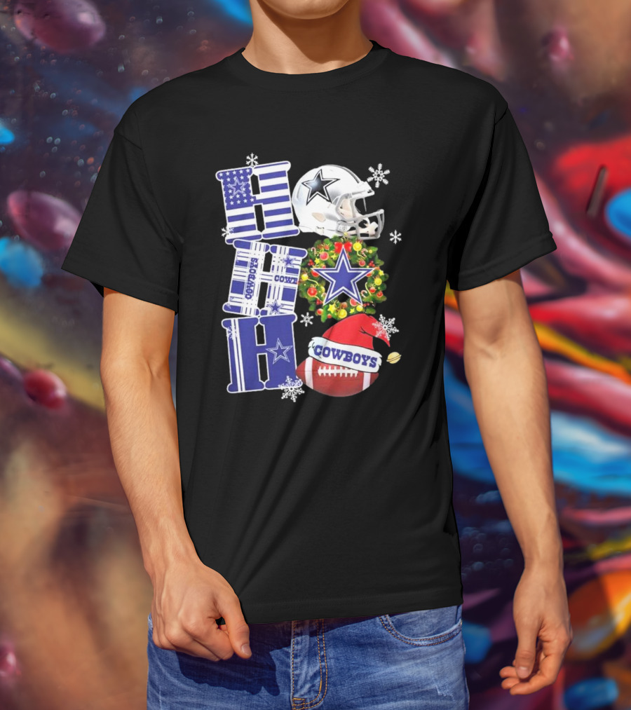 Dallas Cowboys Ho Ho Ho Merry Christmas Football Helmet Wreath Snowflakes T-Shirt