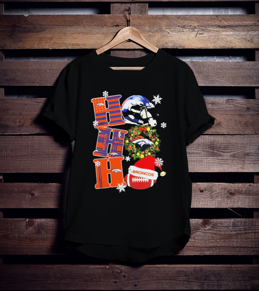 Denver Broncos Ho Ho Ho Merry Christmas Football Helmet Wreath Snowflakes Santa Hat T-Shirt