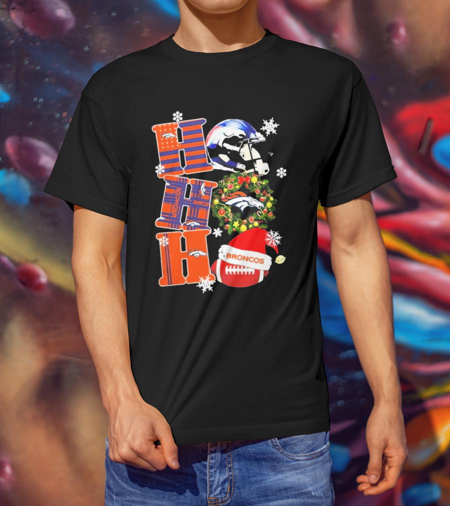 Denver Broncos Ho Ho Ho Merry Christmas Football Helmet Wreath Snowflakes Santa Hat T-Shirt