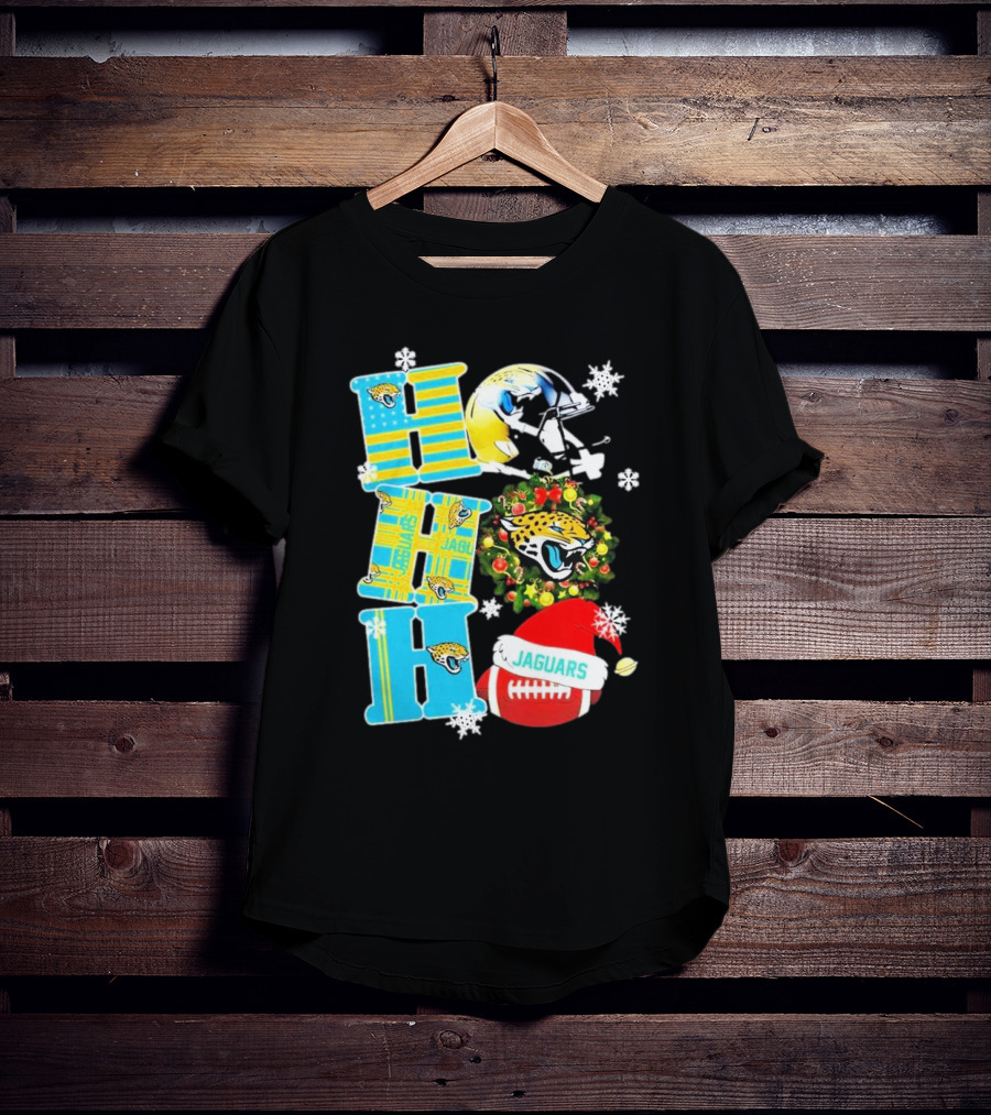 Jacksonville Jaguars Ho Ho Ho Merry Christmas Football Santa Hat Snowflakes Wreath T-Shirt