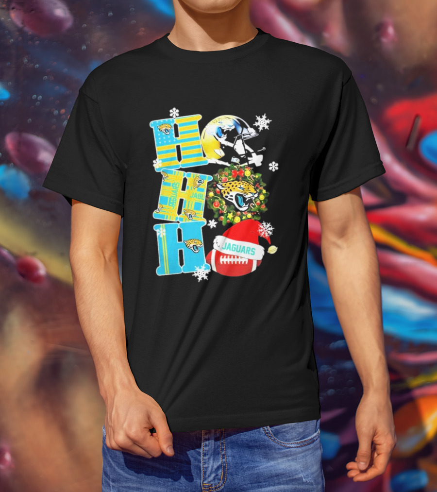 Jacksonville Jaguars Ho Ho Ho Merry Christmas Football Santa Hat Snowflakes Wreath T-Shirt