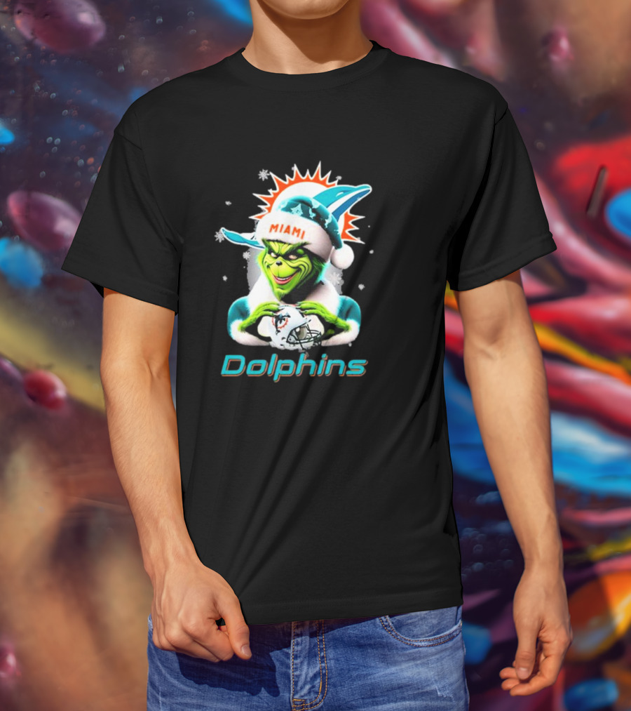 Miami Dolphins Christmas Grinch Santa Hat T-Shirt