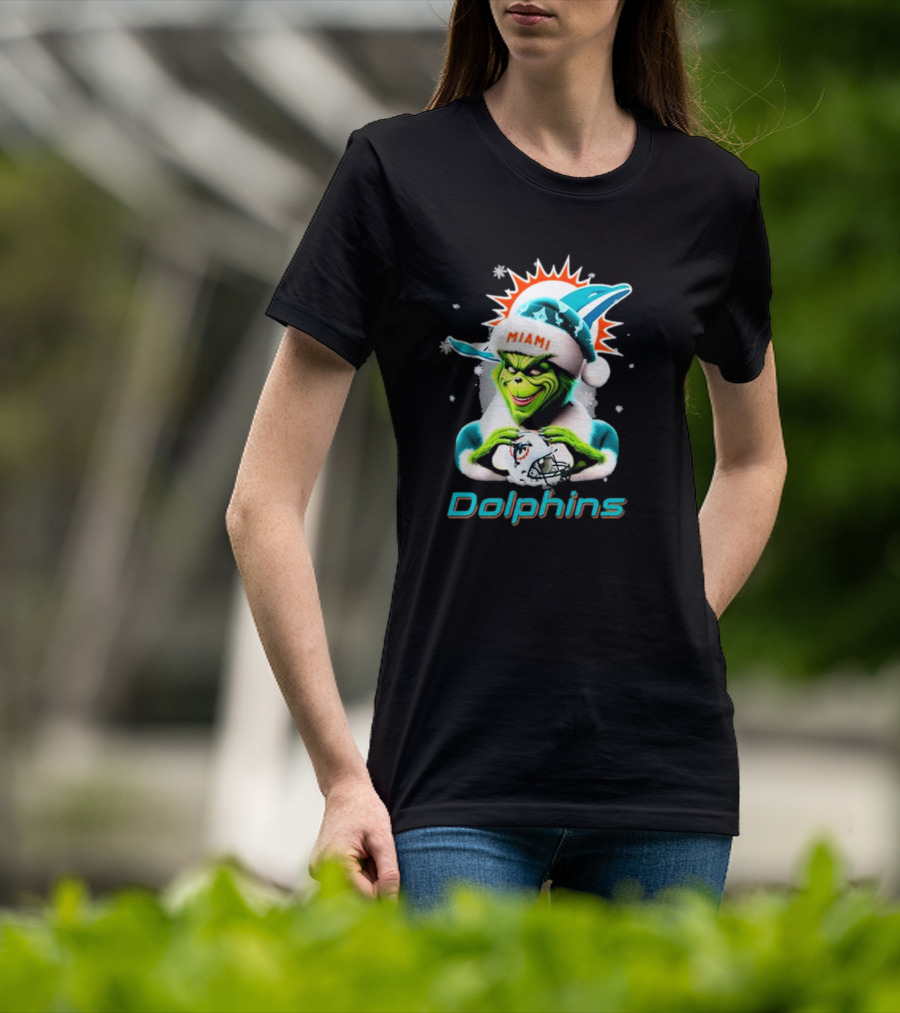 Miami Dolphins Christmas Grinch Santa Hat T-Shirt