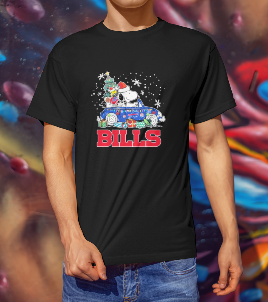 Peanuts Snoopy Woodstock Christmas Car Buffalo Bills Flag Winter Snowflakes T-Shirt