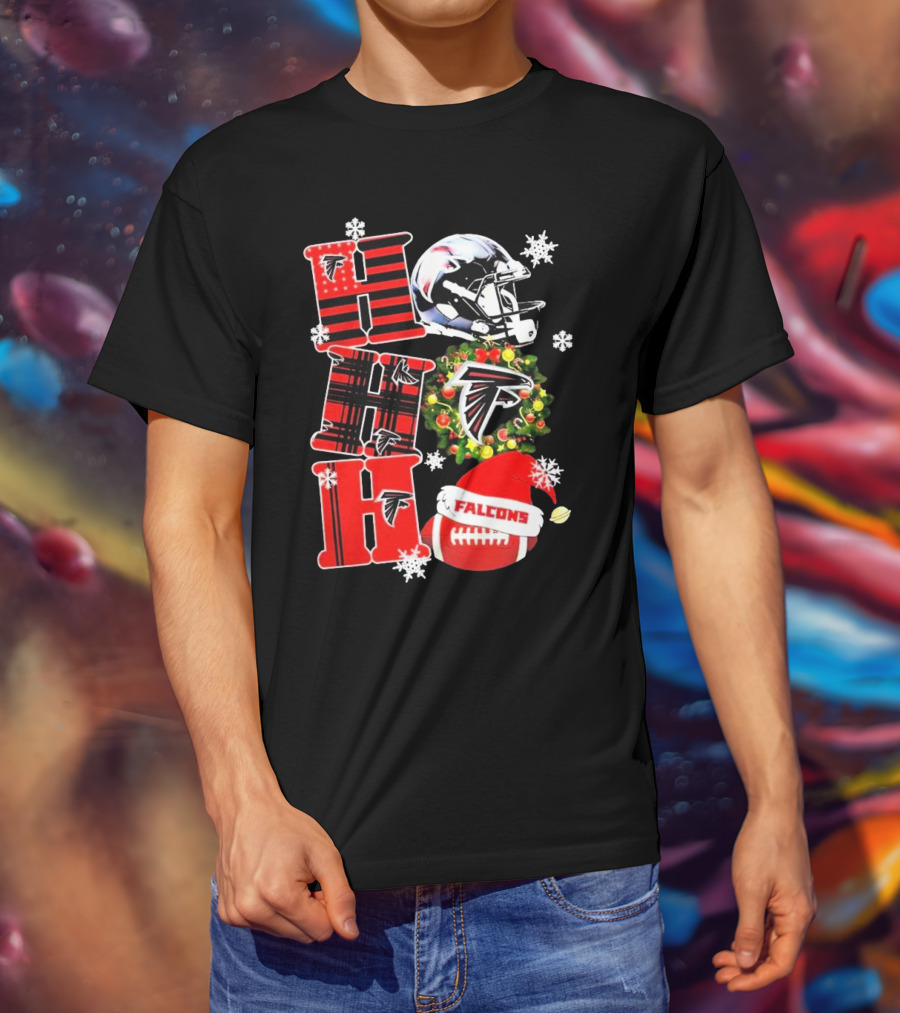 Atlanta Falcons Ho Ho Ho Merry Christmas Helmet Wreath Snowflakes Football Holiday T-Shirt