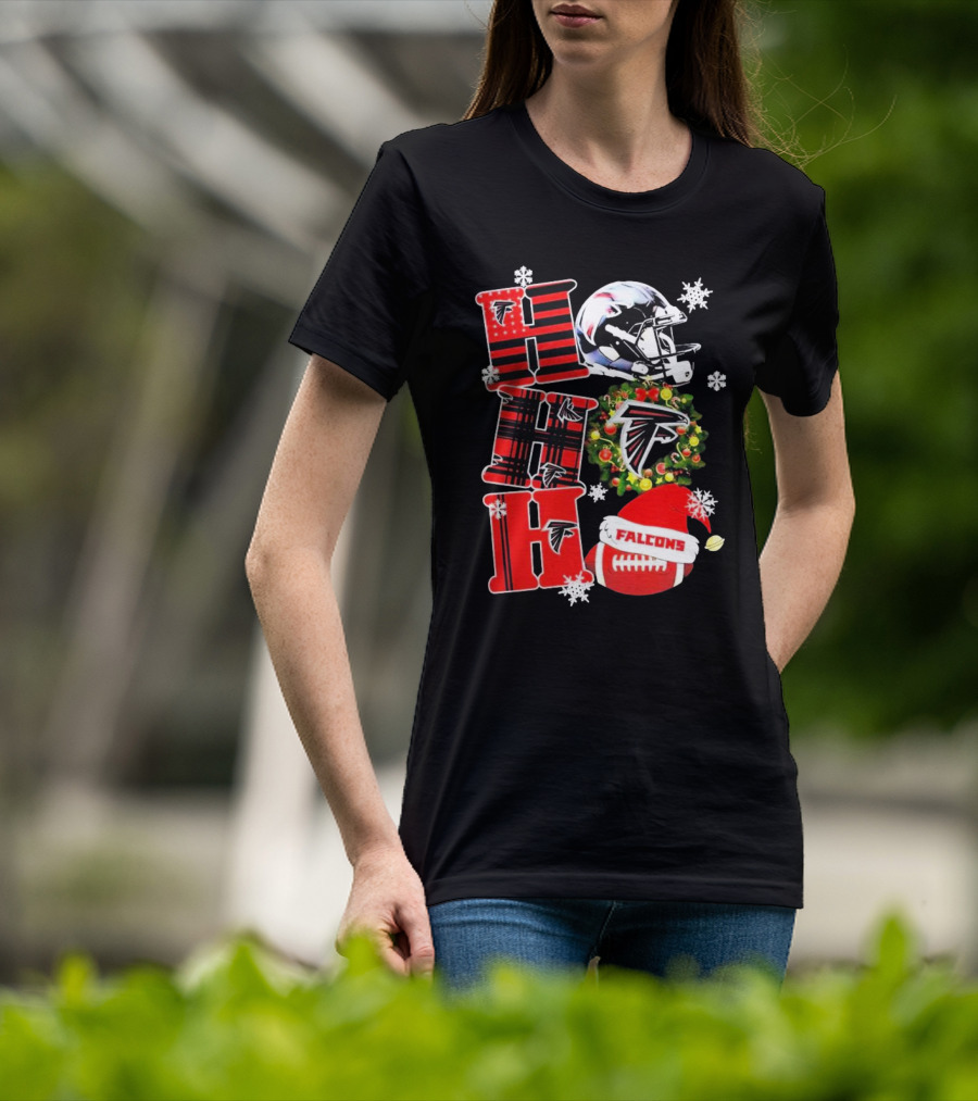 Atlanta Falcons Ho Ho Ho Merry Christmas Helmet Wreath Snowflakes Football Holiday T-Shirt