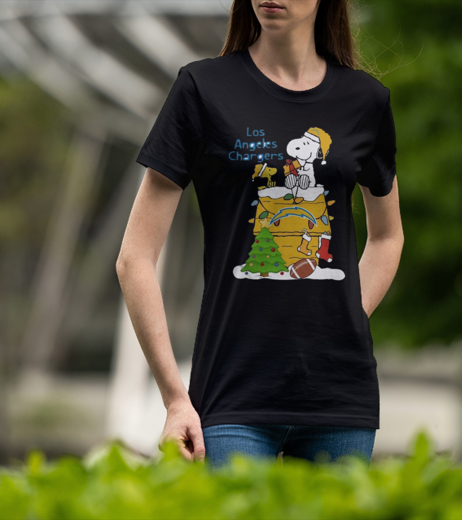 Santa Snoopy Woodstock Los Angeles Chargers Christmas Tree Football Socks T-Shirt