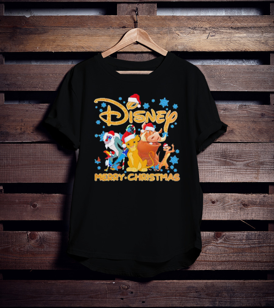 Disney Merry Christmas The Lion King Characters Santa Hats Snowflakes T-Shirt