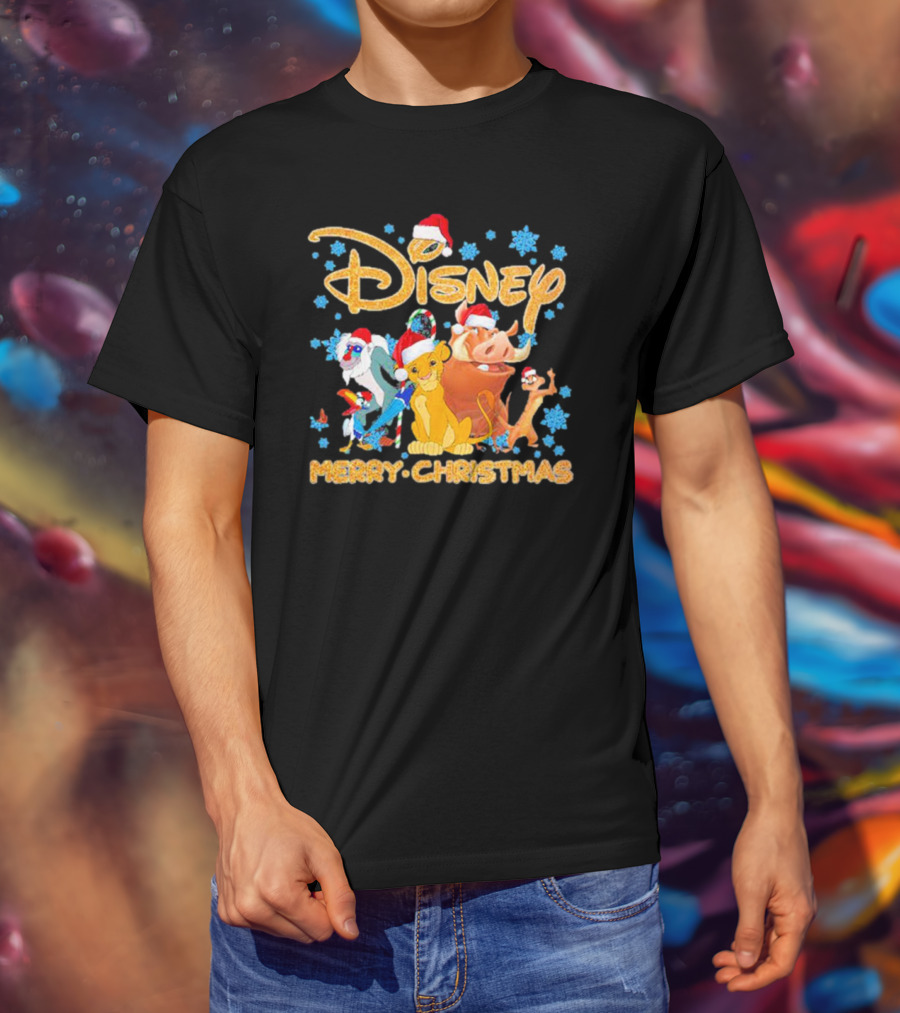 Disney Merry Christmas The Lion King Characters Santa Hats Snowflakes T-Shirt