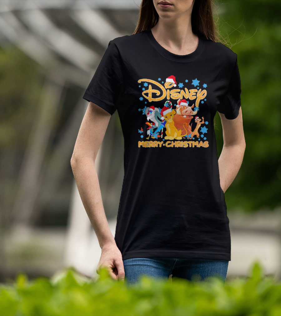Disney Merry Christmas The Lion King Characters Santa Hats Snowflakes T-Shirt