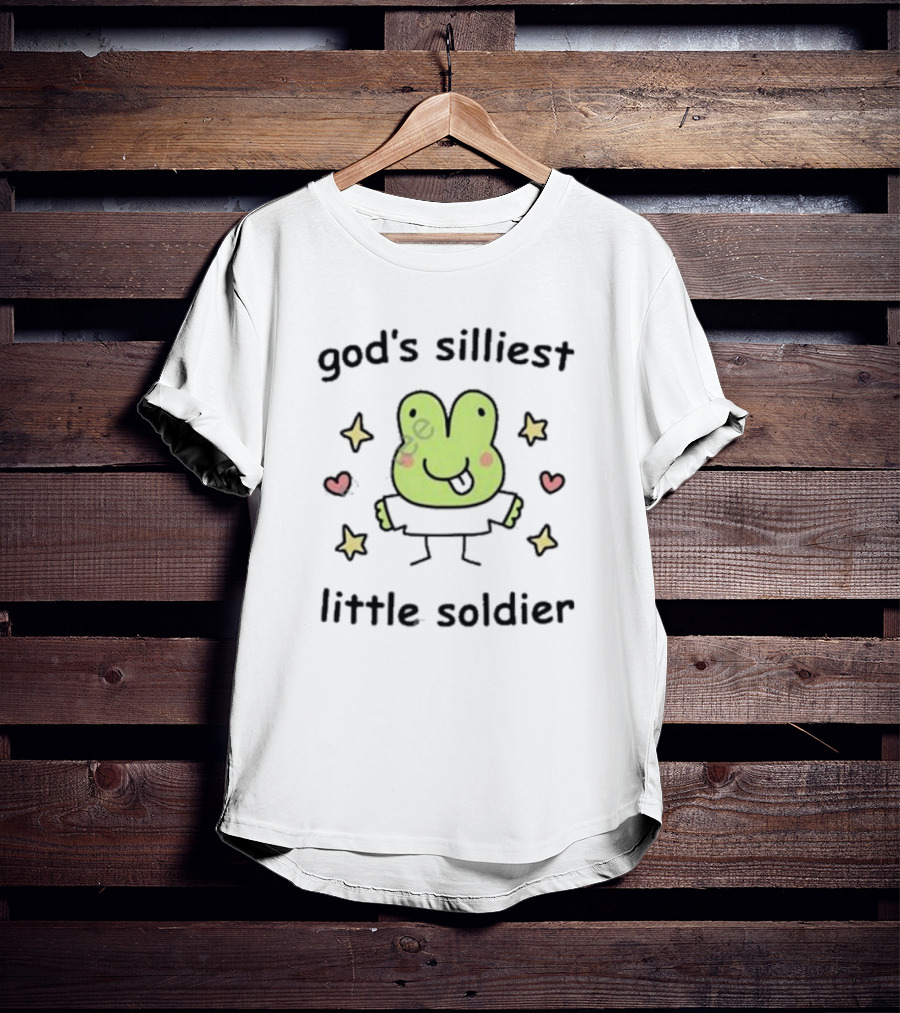 God's Silliest Little Soldier Cute Cartoon Frog With Stars And Hearts T-Shirt
