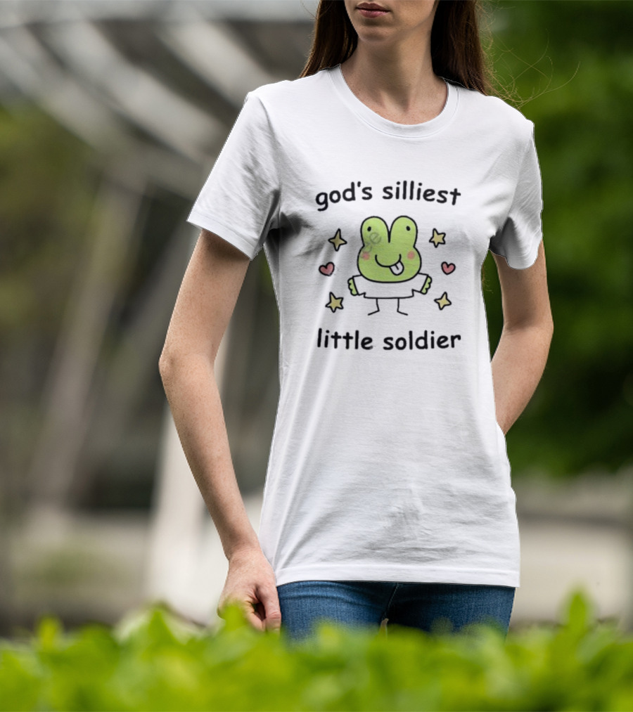 God's Silliest Little Soldier Cute Cartoon Frog With Stars And Hearts T-Shirt