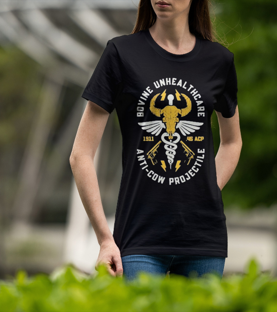 Bovine Unhealthcare Anti-cow Projectile 1911 .45 ACP Lightning Pistols Caduceus Skull Wings T-Shirt